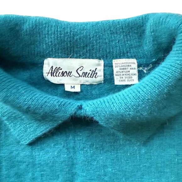 Vintage Allison Smith Women's Turquoise Collared Sweater M Lambswool Angora - Picture 4 of 4